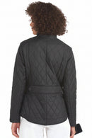 Women’s black quilted jacket, back view with belted waist detail
