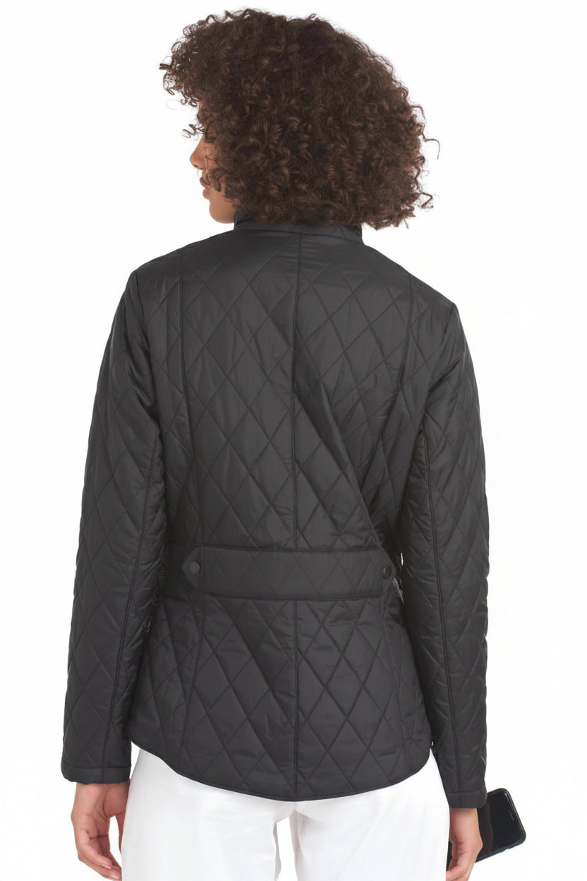 Women’s black quilted jacket, back view with belted waist detail