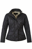 Women’s black quilted jacket, hooded collar and button-front with side pockets