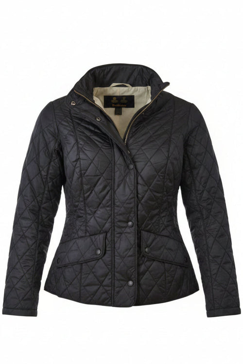 Women’s black quilted jacket, hooded collar and button-front with side pockets