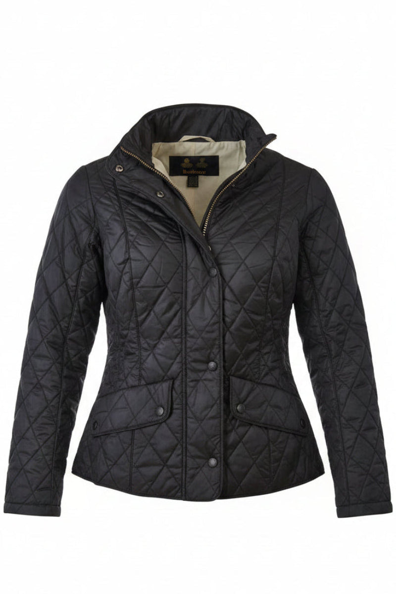 Women’s black quilted jacket, hooded collar and button-front with side pockets