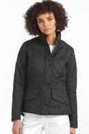 Women’s black quilted jacket with snap pockets and diamond stitch front
