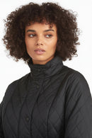 Women’s black quilted jacket with stand collar and button front