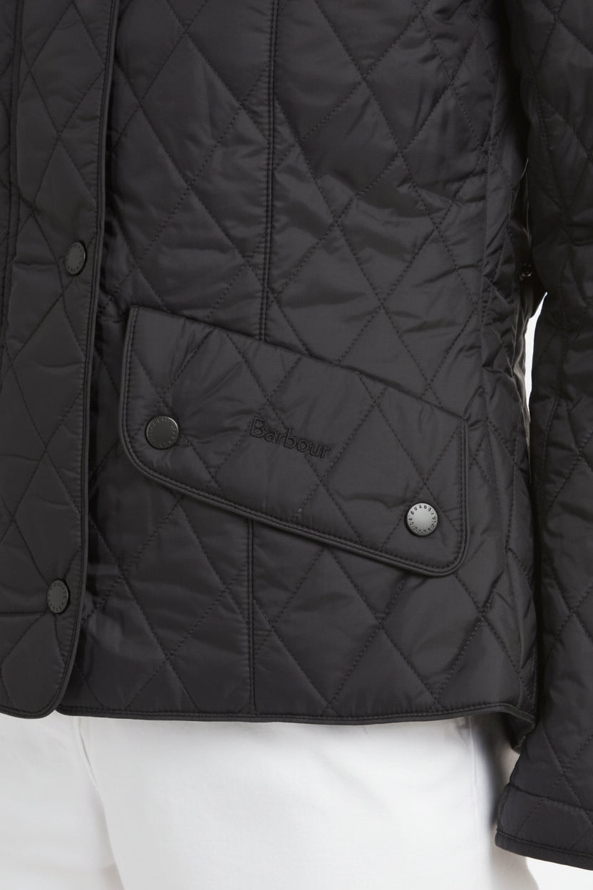 Barbour women’s black quilted jacket, front zipless placket with snap pockets