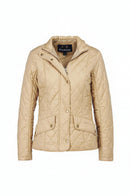 Tan quilted jacket front view with Barbour collar label and button chest pockets