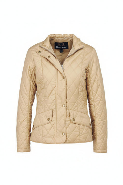 Tan quilted jacket front view with Barbour collar label and button chest pockets