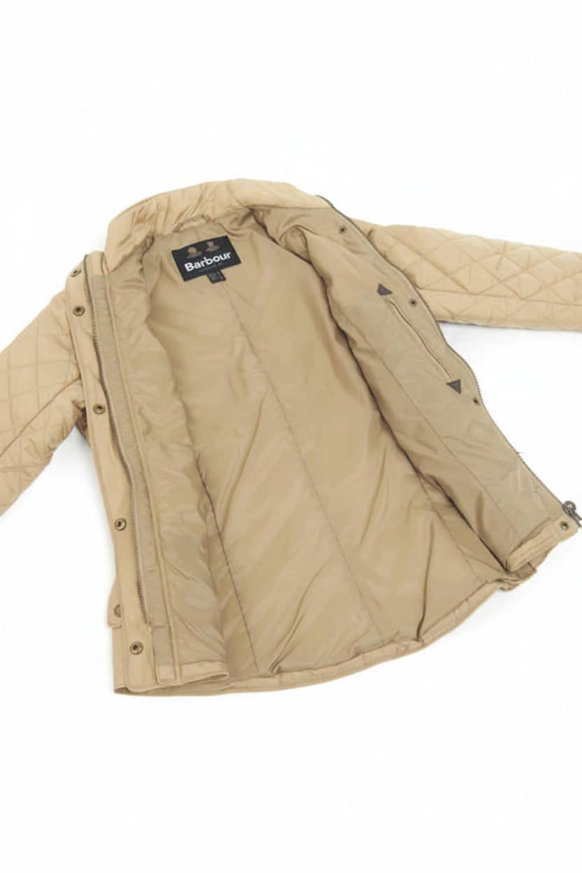 Quilted lightweight jacket, tan trench color, snap front, stand collar