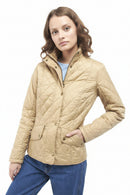 Tan quilted jacket with zip front, button snaps, and diamond stitch texture