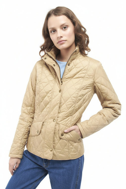 Tan quilted jacket with zip front, button snaps, and diamond stitch texture