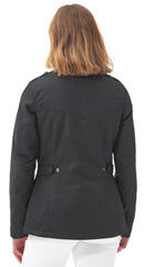 Women’s black wax jacket back view with snap buttons and structured seam details
