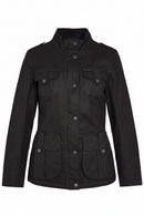Women’s black winter wax jacket with high collar, four pockets, and snap buttons