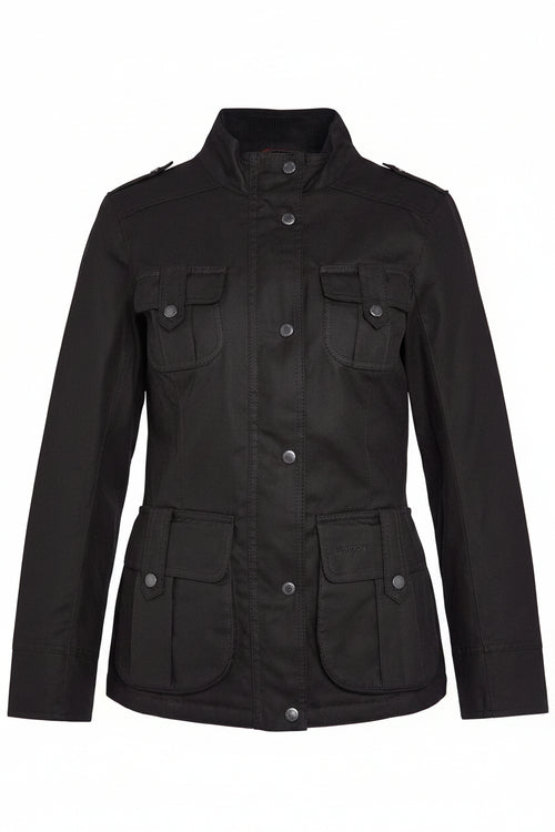 Women’s black winter wax jacket with high collar, four pockets, and snap buttons