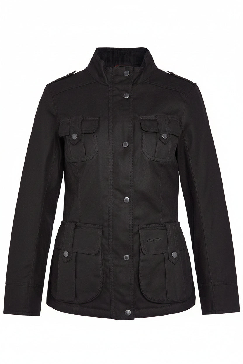 Women’s black winter wax jacket with high collar, four pockets, and snap buttons