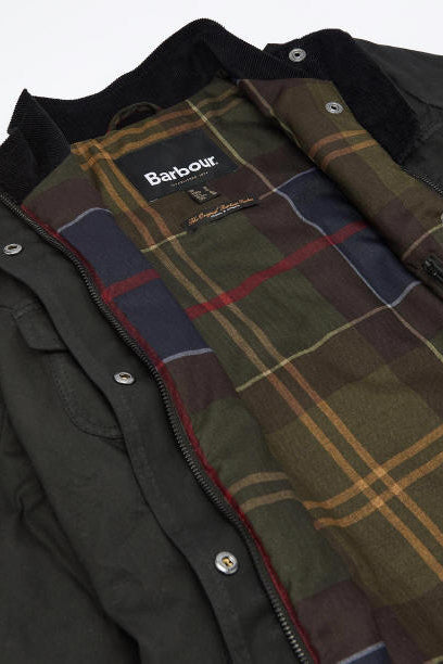Unlined view of black wax jacket showing plaid tartan lining with Barbour label