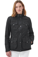 Women’s black wax jacket with four front pockets and snap-button closure