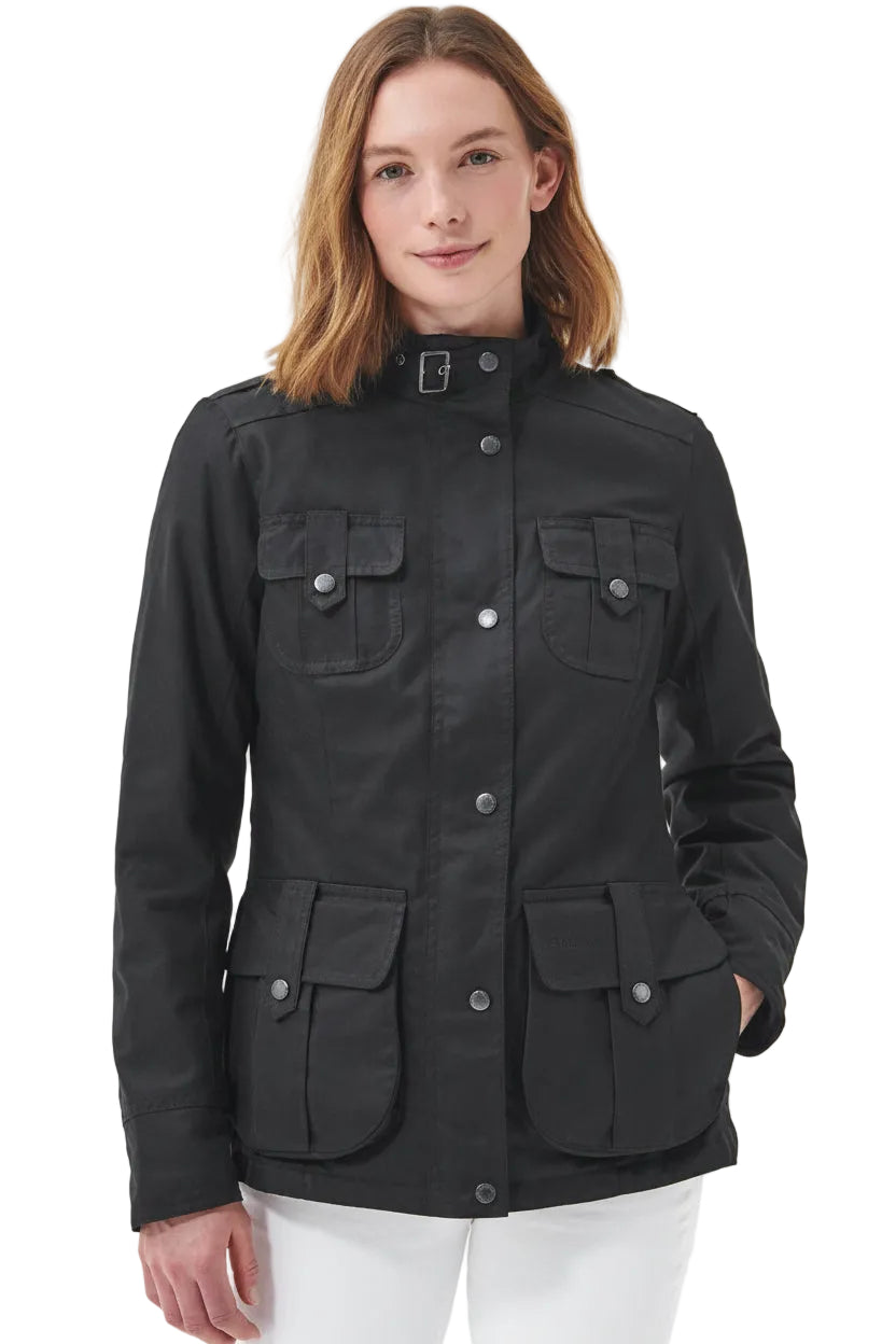 Women’s black wax jacket with four front pockets and snap-button closure