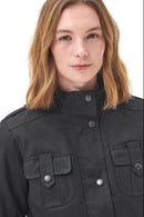 Women’s black wax jacket with stand collar and chest pockets with snap buttons