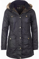 Women's Barbour wax jacket, black with four front pockets and faux fur hood