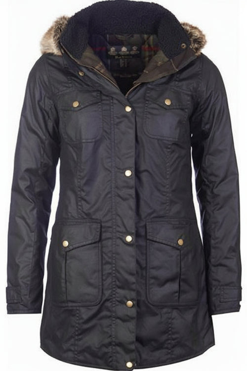 Women's Barbour wax jacket, black with four front pockets and faux fur hood