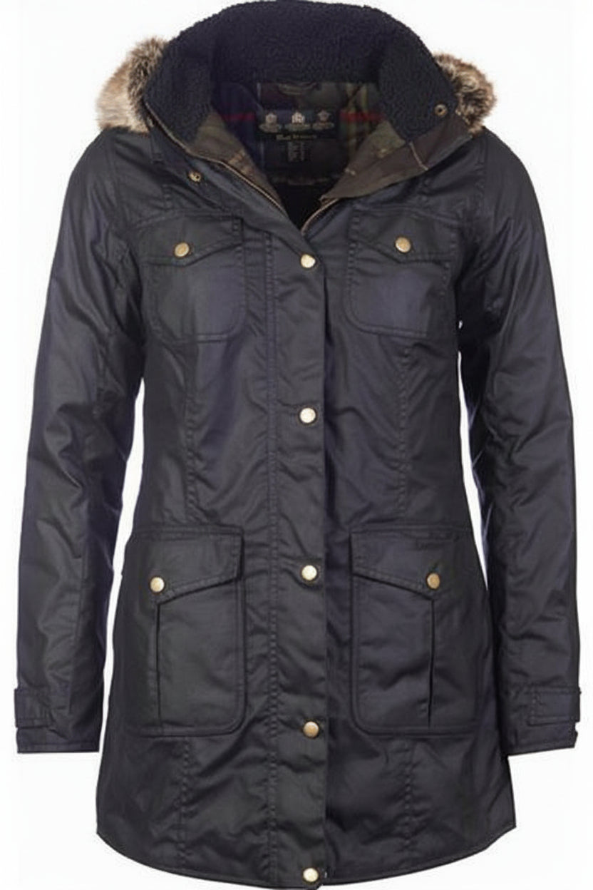 Women's Barbour wax jacket, black with four front pockets and faux fur hood