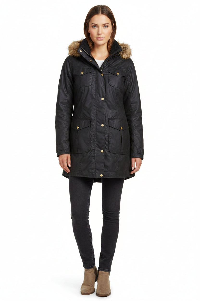 Women's Barbour wax jacket in black, button front, faux fur trim hood