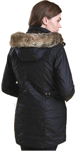 Women's Barbour wax jacket, black with faux fur hood lining, side view