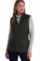 Dark olive sleeveless quilted vest with zip front and Barbour chest logo