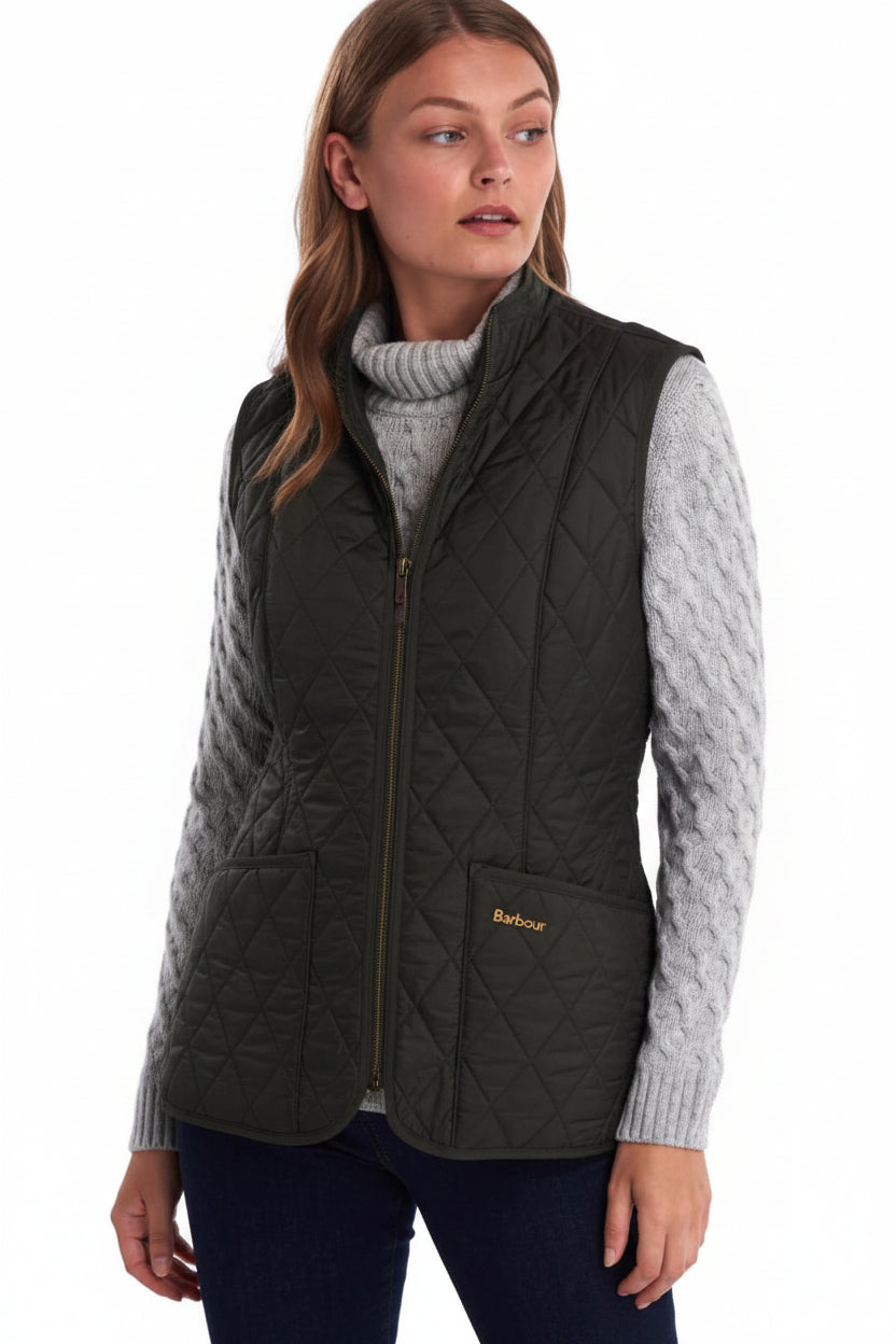 Dark olive sleeveless quilted vest with zip front and Barbour chest logo