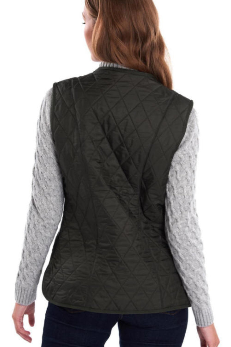 Dark olive quilted vest back view with full-zip and diamond stitch pattern