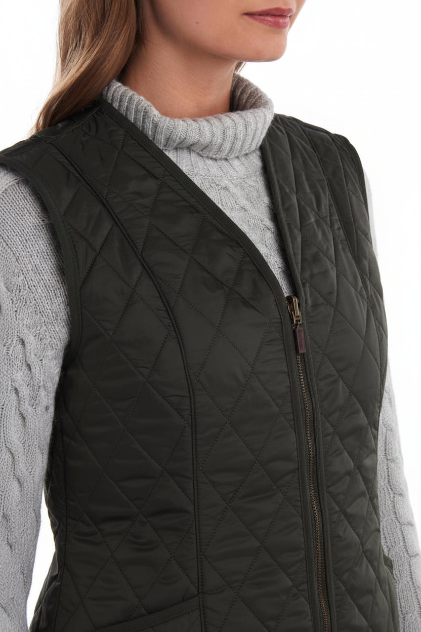 Dark olive sleeveless vest with diagonal quilt pattern, full-zip front and stand collar