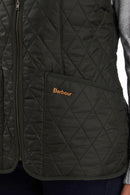 Dark olive quilted fleece-lined vest with full-zip front and Barbour logo