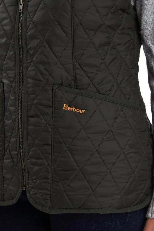 Dark olive quilted fleece-lined vest with full-zip front and Barbour logo