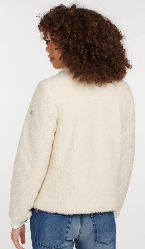 White fleece jacket back view with full-length sleeves