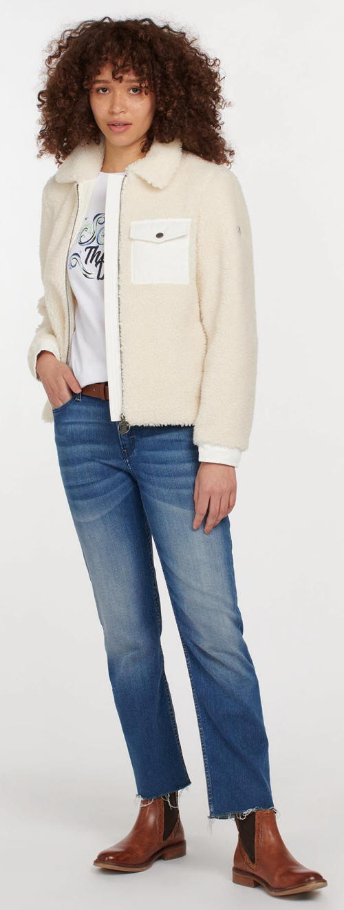 White fleece jacket front with stand collar, zip, and chest pocket