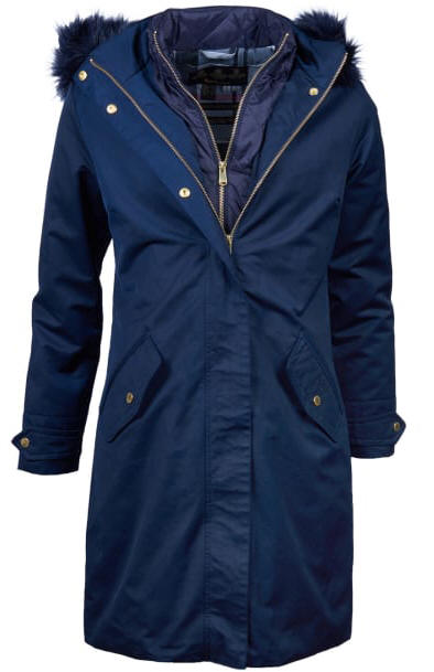 Women's navy waterproof parka with faux-fur collar, gold buttons, and zip front