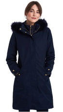 Women's navy waterproof parka with faux-fur trimmed hood and front zipper
