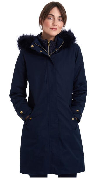Women's navy waterproof parka with faux-fur trimmed hood and front zipper