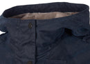 Dark navy wax cotton jacket hood lining and snap button placket, front close-up