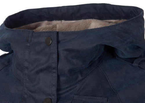 Dark navy wax cotton jacket hood lining and snap button placket, front close-up