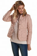 Barbour quilted pink jacket with dark stand collar, button front, flap pockets