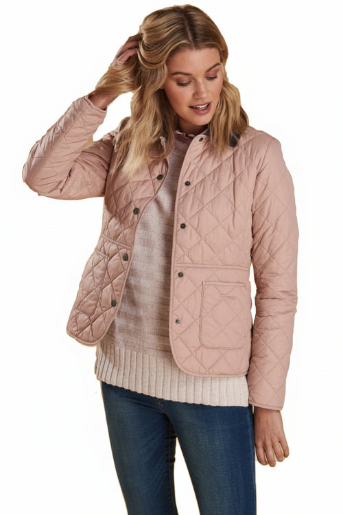 Barbour quilted pink jacket with dark stand collar, button front, flap pockets