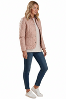 Barbour quilted pink jacket on model, diamond stitching and button front