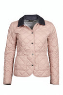Barbour quilted pink jacket with dark collar, diamond stitching, button front