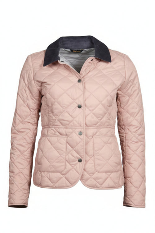 Barbour quilted pink jacket with dark collar, diamond stitching, button front