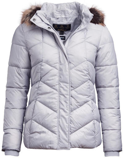Women's Barbour quilted down jacket in ice white with full front zip and fur-trim hood