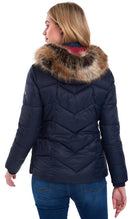 Women's navy quilted down jacket, faux-fur hood trim, full zip, side pockets
