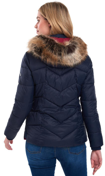 Women's navy quilted down jacket, faux-fur hood trim, full zip, side pockets