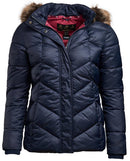 Women's navy quilted down jacket front, faux-fur hood trim, full zip closure