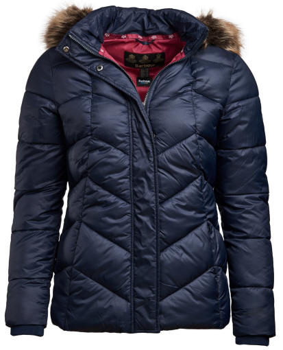 Women's navy quilted down jacket front, faux-fur hood trim, full zip closure