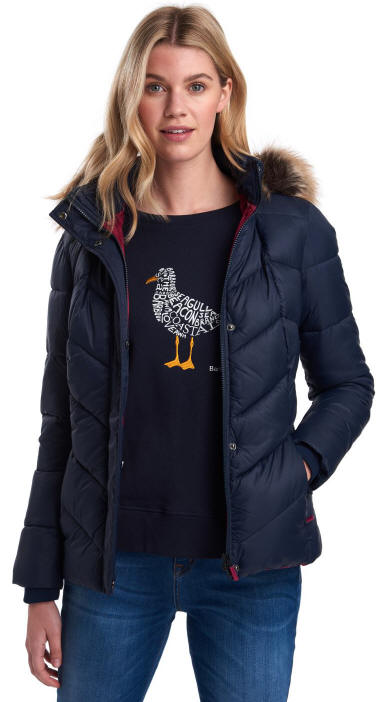 Women's navy quilted down jacket with faux-fur hood trim, zip front and cuffs
